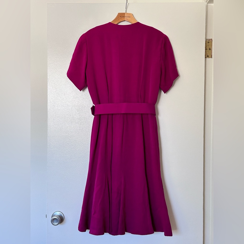 Vintage 40s-style Rose Silk Belted Midi Dress with Fluted Skirt - Picture 2 of 4